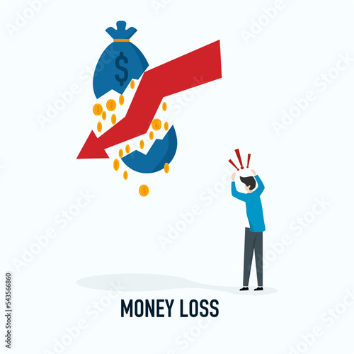 the concept of financial crisis. The concept of a small person who went bankrupt. distressed businesses see markers fall. corporate bankruptcy. A graph with a falling arrow indicates an economic colla
