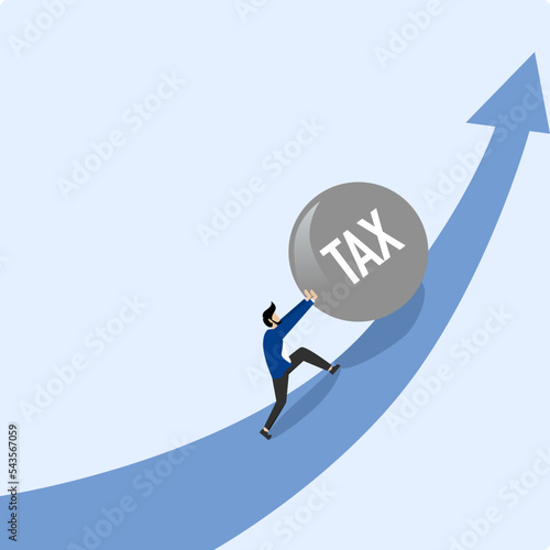 Businessman pushing high tax, Tired businessman pushing rock uphill with inscription tax. Tax time tax burden and taxpayer finance concept. Modern vector illustration