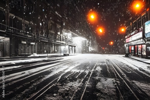 The sun is setting and the city lights are coming on. The street is empty except for a few people walking hurriedly to their destinations. A light snow is falling, making the scene look almost magical photo