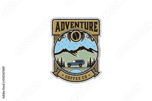Outdoor adventure label coffee product banner ribbon frame illustration