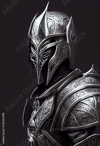 Medieval Warrior Portrait Wearing Complex Filigree Knights Titanium Armor Helmet and Vest, 3D Knight Warrior Illustration, Suitable for T Shirt, Bag, Mug, Hoodie and Accessories Background