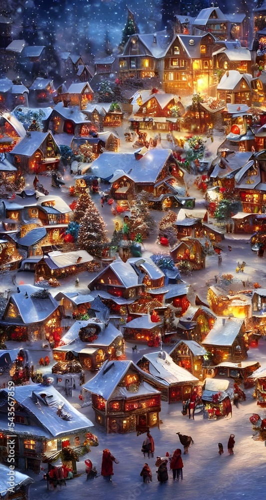 The snow is falling gently on the houses and shops of the winter christmas village. The rooftops are dusted with a thick layer of frost, and icicles hang from the eaves. A few people are out and about The snow is falling gently on the houses and shops of the winter christmas village. The rooftops are dusted with a thick layer of frost, and icicles hang from the eaves. A few people are out and about