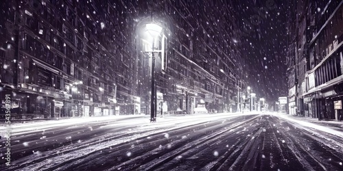 The city street is empty and the only sound is the crunch of snow underfoot. The buildings loom tall and imposing on either side, their windows dark against the cold night sky. A single light shines f