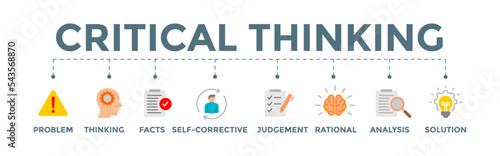 Critical thinking icon banner web illustration with problem, thinking, facts, self corrective, judgement, rational, analysis, and solution icon for facts analysis © afian
