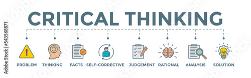 Critical thinking icon banner web illustration with problem, thinking, facts, self corrective, judgement, rational, analysis, and solution icon for facts analysis