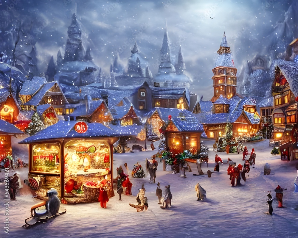 Obraz premium The snow is gently falling on the roofs of the houses and on the people walking around in winter coats. The smell of Christmas trees and gingerbread fills the air. In the distance, you can see a churc