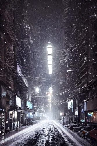The City street is bustling with people rushing to get home before the winter evening sets in. The air is crisp and the sidewalk is covered in a light layer of snow. The street lamps cast a warm glow 