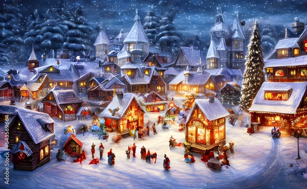 The winter christmas village is covered in a layer of freshly fallen ...