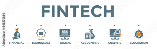 Fintech icon banner web illustration with financial, technology, digital, accounting, analysis and blockchain icon