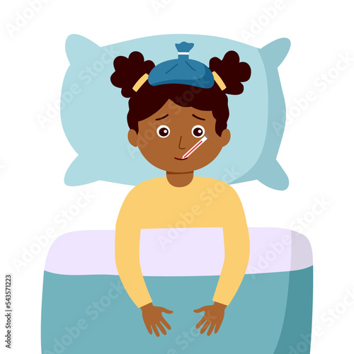African children suffering from flu in bed under blanket. Sick kids has fever and take thermometer in mouth. Flu or cold allergy symptom. Influenza treatment.