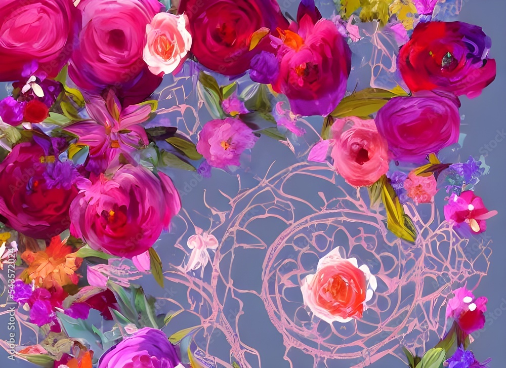 Fototapeta premium It's a beautiful illustration of blooming flowers. The colors are so vibrant and the details are amazing. It makes me feel happy just looking at it!