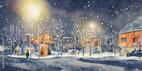 Fotografia In this watercolor painting, tall apartment buildings are illuminated by the soft light of a winter nighttime