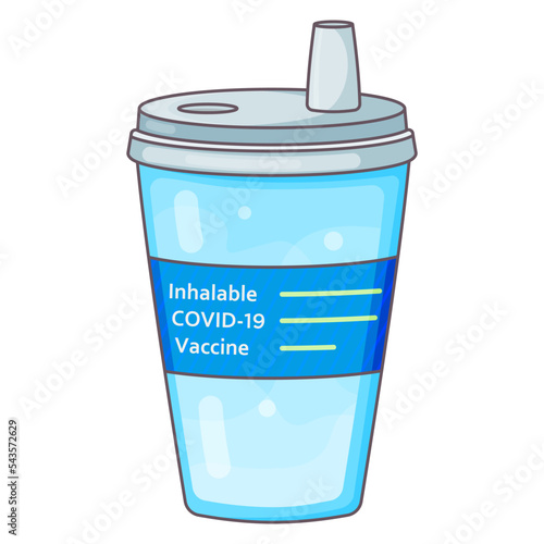 Needle-free inhalable COVID vaccine with breathable mist vector drawing in cartoon style. New type booster shot inhaled Covid vaccine translucent cup medical illustration isolated on white background.