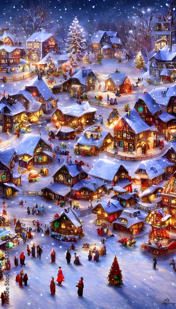 Fototapeta premium The snow is softly falling and the air is crisp as I walk through the winter christmas village. The houses are all decorated with lights and wreaths, and there's even a light dusting of snow on the gr