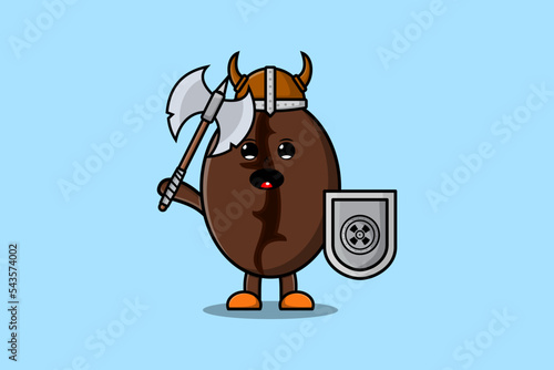 Cute cartoon character Coffee beans viking pirate with hat and holding ax and shield 