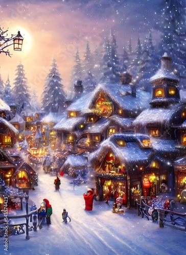 In the photo  there is a village in winter. The houses are all covered in snow  and there are Christmas trees everywhere. The streets are empty  and the only sound is the wind blowing through the tree