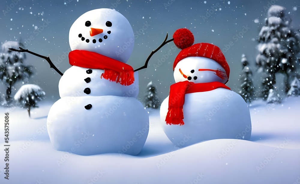 The snowman is so cute with his carrot nose and coal eyes. He's wearing a scarf and hat, and he has two arms made of sticks. The background is all white because it just snowed.