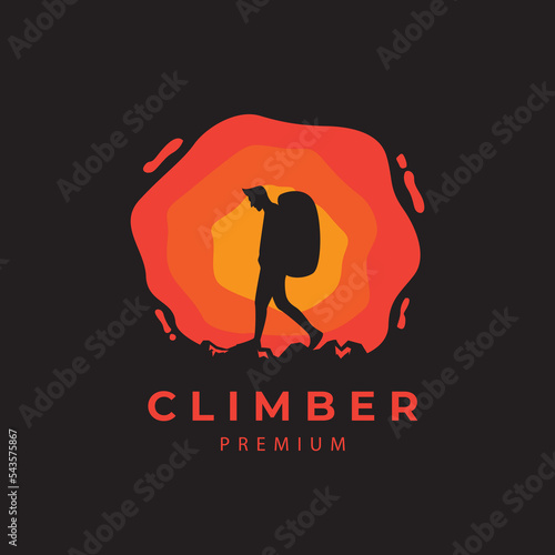 Sunset with climbers on the top of the mountain black background Logo Design Vector