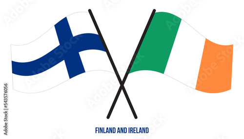 Finland and Ireland Flags Crossed And Waving Flat Style. Official Proportion. Correct Colors.