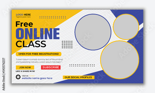 Free online class thumbnails, Open for free registrations, web page cove banner template Vector design.