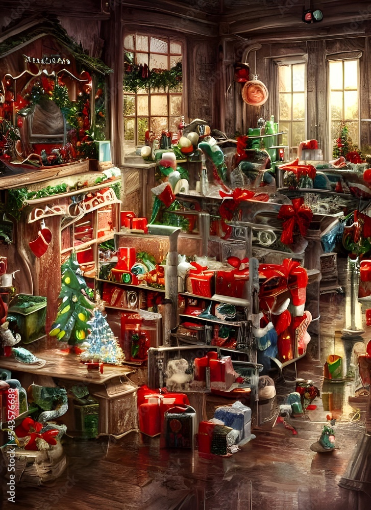 The Christmas toy factory is bustling with activity. elves are busy wrapping presents, while others are painting or sculpting toys. The air is filled with the smell of pine and gingerbread, and the so