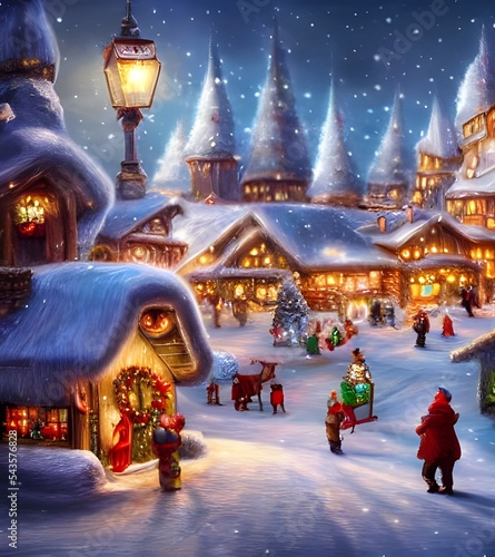 The snow is falling gently over the winter christmas village, covering the rooftops and trees in a blanket of white. The villagers are all bundled up in their coats and scarves, going about their busi