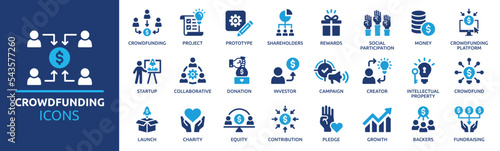 Crowdfunding investment icon set. Donation and charity icons. Business startup symbol vector illustration. Solid icon collection.