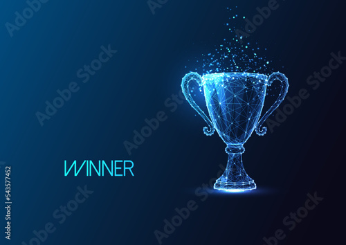 Futuristic champion trophy cup in glowing low polygonal style isolated on dark blue background