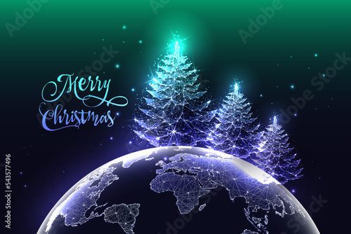 Futuristic Merry Christmas world greeting card with spruce trees and planet Earth map from space