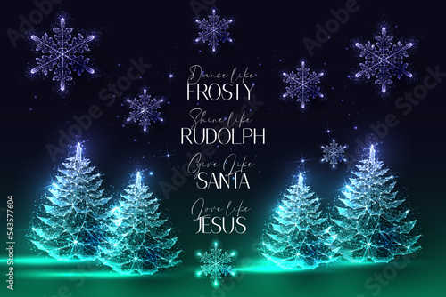 Christmas Christian greeting card. Spruce trees, snowflakes, text Give like Santa Love like Jesus