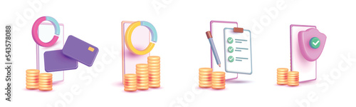 banking earning realistic vector icon set 3d render promotion, payment, card,mobile in colorful smart phone app concept. web atm save money wallet  investment money Business 