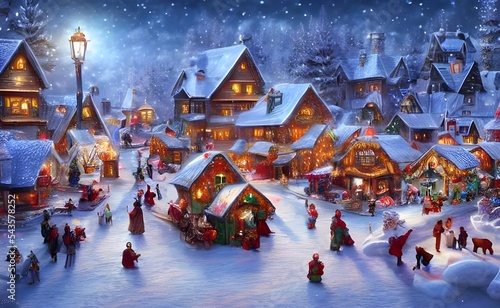 The winter Christmas village is covered in a blanket of fresh snow. The houses are trimmed with garlands and glowing lights. In the center of the village, there is a towering Christmas tree adorned wi