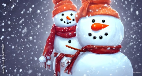 The snowman is made out of three balls of different sizes, and its arms are two thin sticks. It has a cute face with coal for eyes and mouth, and carrot for the nose. The snow around it is freshly unt photo