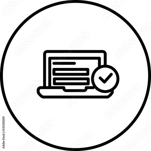 Laptop form check sent, online form submission, request laptop computer, check mark, black and white drawing button, vector illustration