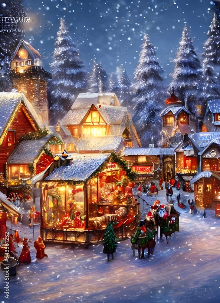 The snow is falling gently on the houses and shops of the winter christmas village. The lights are on in all the windows, making the whole scene look warm and inviting.