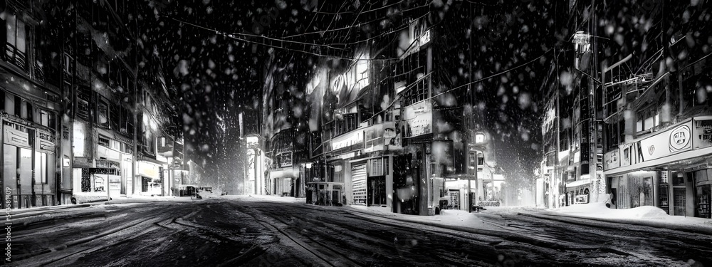 The city street is cold and empty. The only sound is the crunch of snow under my feet. I walk past buildings that loom over me, their windows dark and foreboding. A gust of wind blows down the street