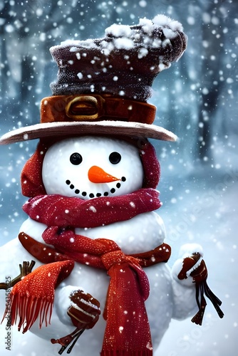 There's a cute snowman in the snow. He has two coal eyes and a carrot nose. His arms are outstretched, as if he's giving a hug. photo