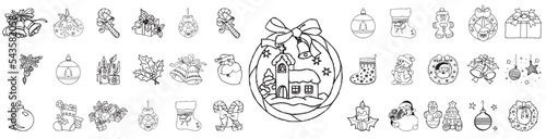 Christmas ornaments line icons set on white background, black, outline
