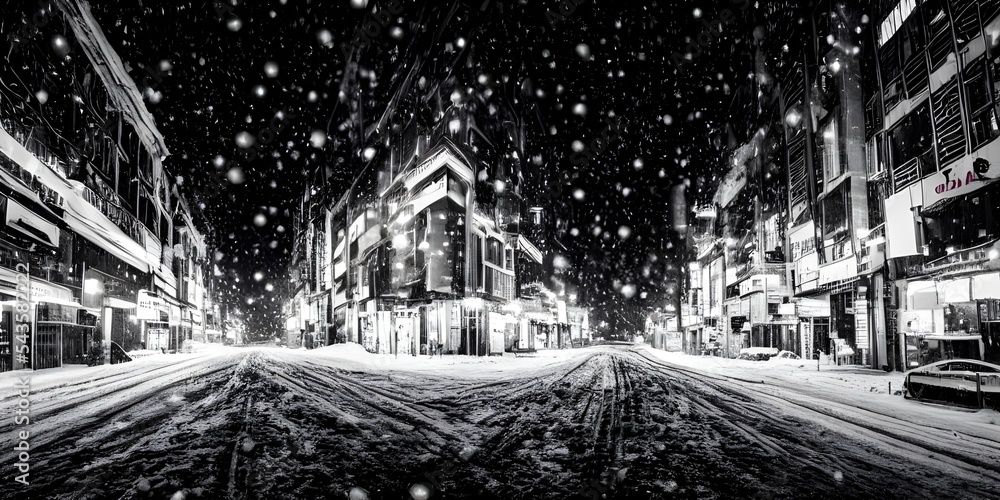 Fototapeta premium The city street is covered in a blanket of snow and the evening lights reflect off of it. I can see my breath in the cold air as I walk down the sidewalk.