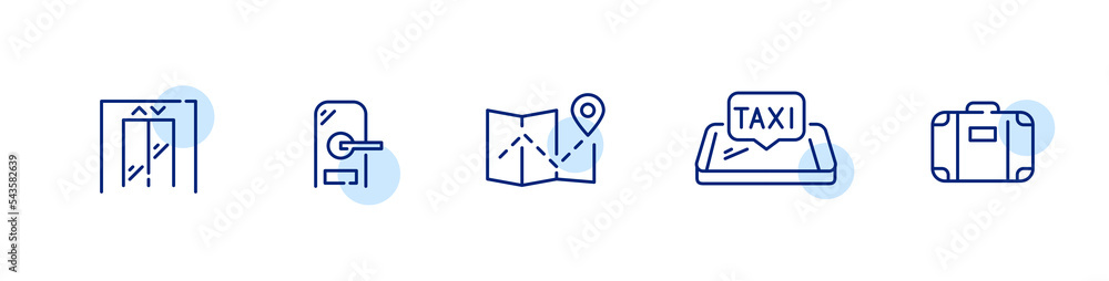5 hotel icons. Elevator, smart lock, location, taxi and suitcase. Pixel perfect, editable stroke art 5 hotel icons. Elevator, smart lock, location, taxi and suitcase. Pixel perfect, editable stroke art