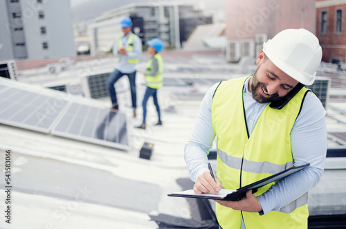Construction, phone call and businessman writing checklist during building inspection on the roof. Engineer, architect and builder on mobile communication outside on an industrial site with notes