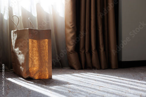 Paper shopping bag with sunlight shining through on carpet