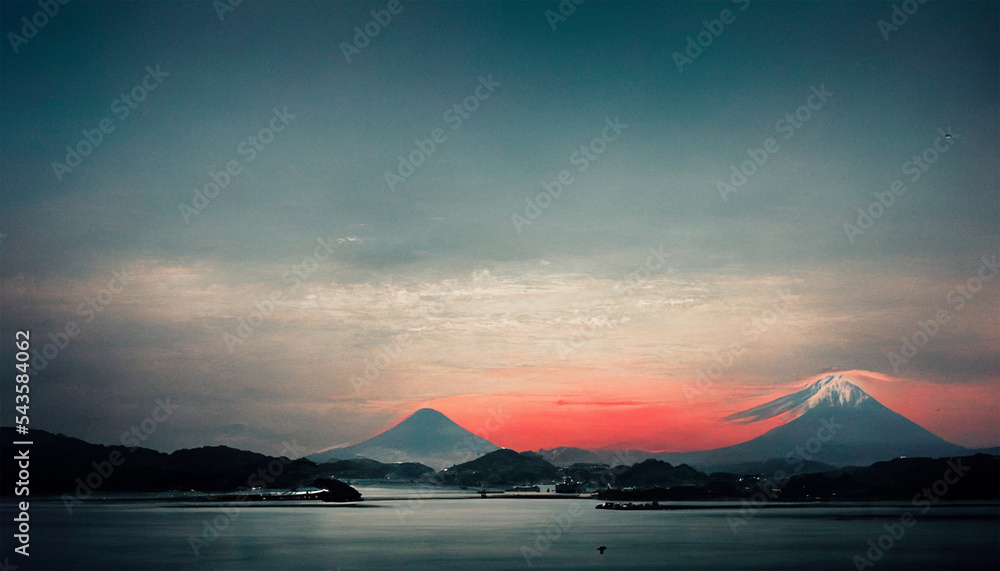 Winter in honshu mountain lake with evening sky