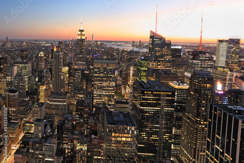 New York City skyline illuminated at dusk  USA