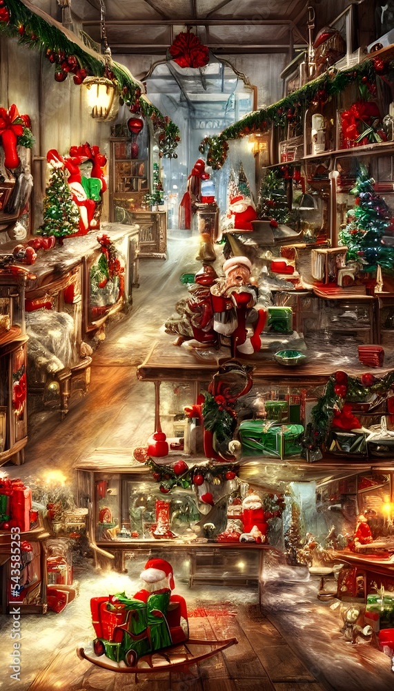 The Christmas toy factory is bustling with activity. Toys of all shapes and sizes are being