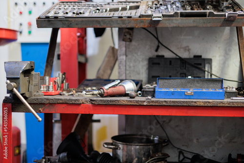 Mechanics workbench in garage with tools