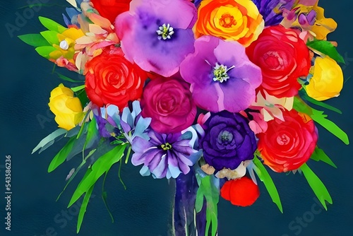 A beautiful bouquet of watercolor flowers graces the canvas. The elegant blooms are soft and romantic, in shades of pink, purple, and blue. They appear to be floating on the paper surface, as if they 