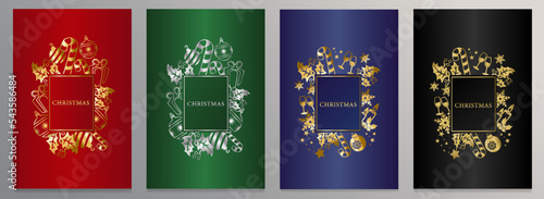 Set of luxury Christmas covers. Frame with gold and silver festive symbols on a red, green, blue and black background.