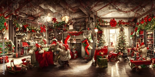 It's the middle of the night, and hundreds of elves are scurrying around the workshop, filling orders for Christmas morning. The clatter of hammering and sawing is punctuated by laughter and occasiona