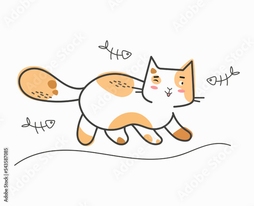 A cute red cat dreams of a fish. Isolated illustration of cartoon cunning animal. Icon design in flat style. Premium logo vector. Talisman. Sketch